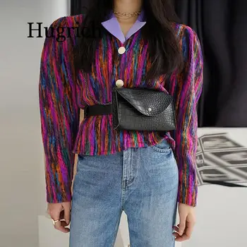 

2020 Women vintage khaki purple Blended rainbow strip color matching jacket spring autumn winter button outerwear