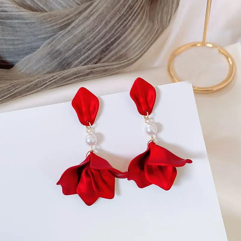 red Красные Лепестковые серьги с цветами новые модные Висячие висячие серьги женские вечерние ювелирные изделия оптом - Окраска металла: red