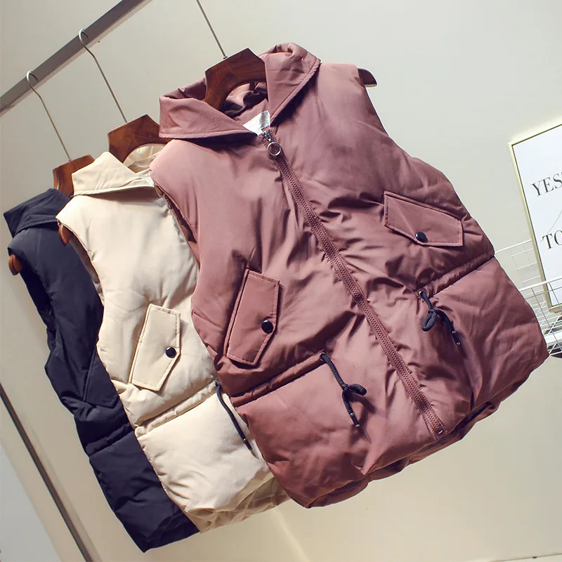 

2019 Winter New Style Female Vest Waist Hugging Drawstring Slimming Waistcoat College Style Hooded down Feather Cotton-padded Cl