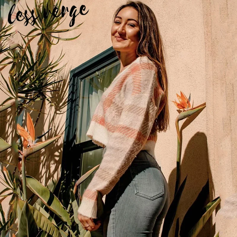 Lessverge клетчатый сексуальный вязаный укороченный топ, свитер для женщин, v-образный вырез, Повседневная Уличная одежда, короткий пуловер, Осень-зима, модные Джемперы для девушек