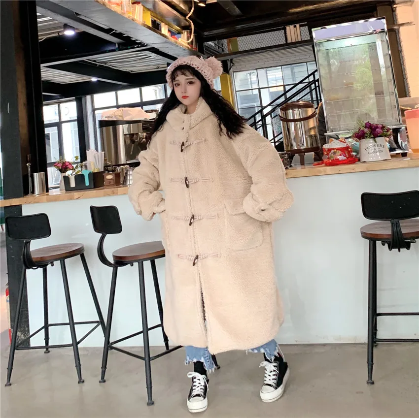 Новинка, Зимняя женская длинная свободная куртка с капюшоном, имитация овечьей шерсти, теплая плюшевая куртка, хлопковый костюм, Корейская версия
