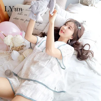 

LYun Pajamas female summer new sexy lace pajamas ladies Korean version of comfortable short-sleeved princess home service suit