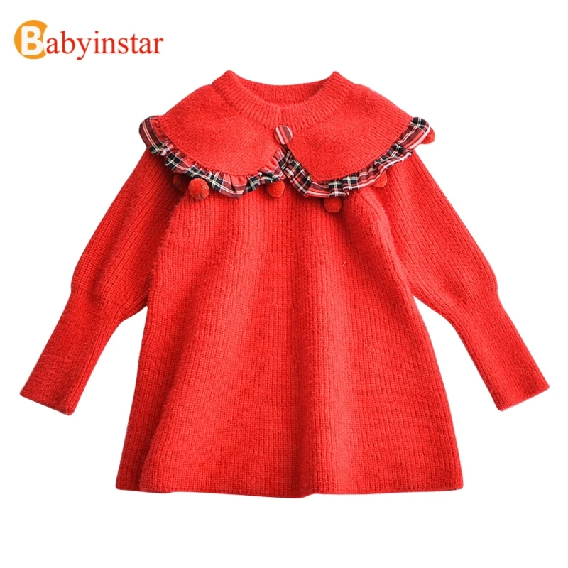 Babyinstar/Детские платья для девочек вязаное красное платье с длинными рукавами