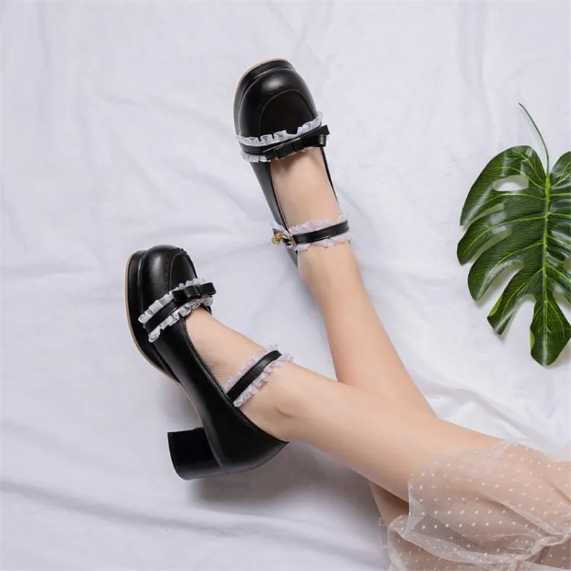 2020 Spring New Sweet Bow Women Pumps Lolita Shoes Fashion Lace Thick 5cm High Heel Buckle Strap Shoe Pumps Woman Big Size 30-46 (21)