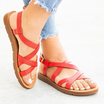 

Litthing New Summer Shoes 2020 Casual Woman Sandals Red Flat Fashion Ladies Shoes Buckle Ladies Open Toe Casual Shoes Size 35-43