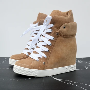 

High Top Women Sneakers Hidden Heel Shoes Women Platform Wedge Sneakers Lace Up Casual Shoes Women Real Leather Shoes Woman