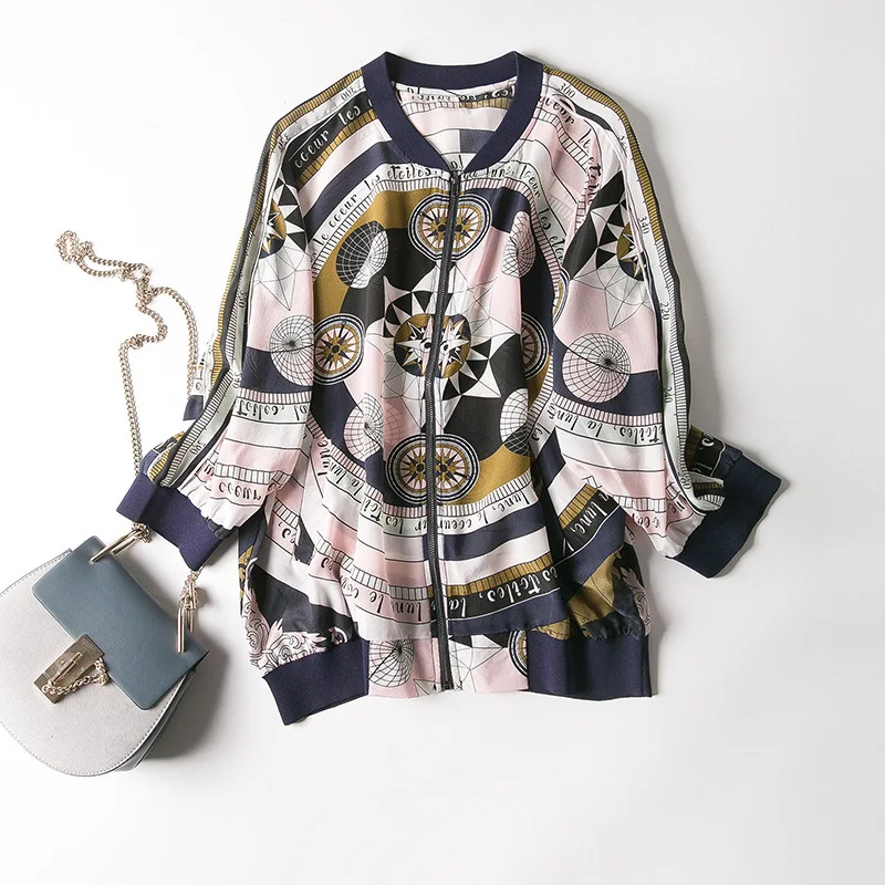 

Spring And Summer New Style WOMEN'S Dress Western Style Baseball Collar Printed Real Silk Air Conditioner Cardigan Coat