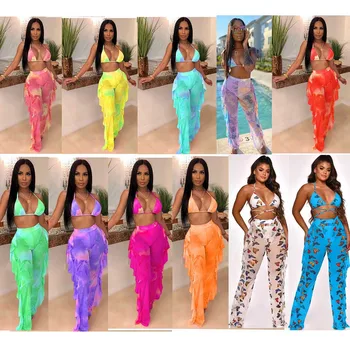 

3Y5117 Summer Women Sexy Two Piece Set Top Digital Print Mesh Fabric Spaghetti Strap