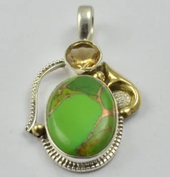 

Genuine Green TURQUOISE + Cirtine Pendant 925 Sterling Silver, 44 mm, AP5033