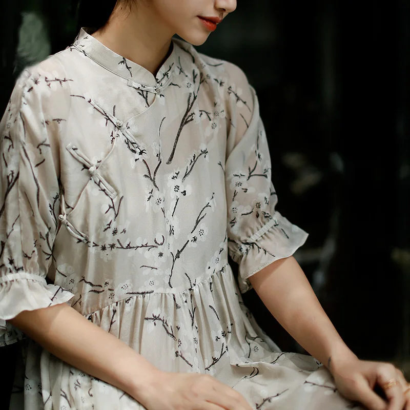 

ROJAY Silk Cheongsam Dress New Silk Dress Improved Daily Dress Suit Print Dress Loose Babydoll Dress Butterfly Sleeve