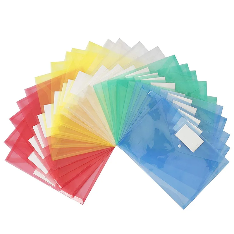 

25 Pack Plastic Clear Document Folder with Label Pocket/Snap Button Closure, A4 Size, File Envelopes for School Home Work Office