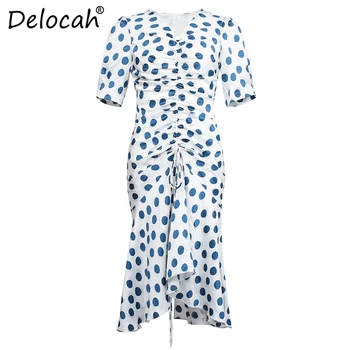 

Delocah Women Summer Midi Dress Fashion Designer Sexy V-Neck Dot Printed Elegant Slim Ruched Ladies Party Dresses vestidos 2020