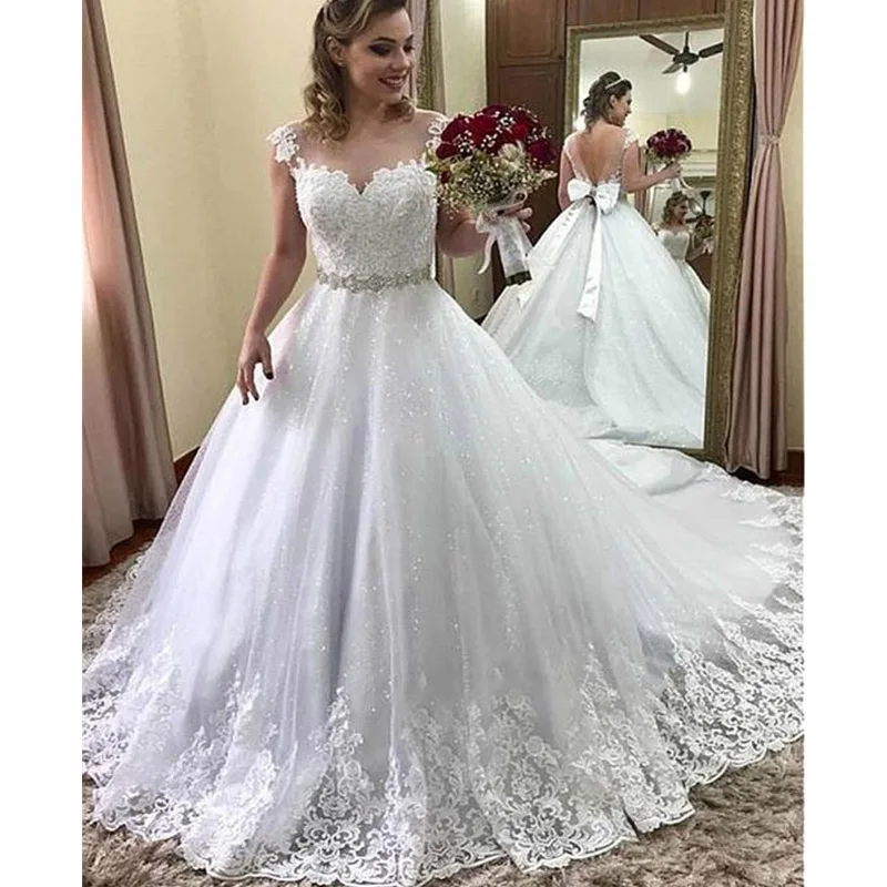 

E JUE SHUNG White Lace Appliques Ball Gown Wedding Dresses Crystal sash Backless Wedding Gowns Bride Dress robe de mariee