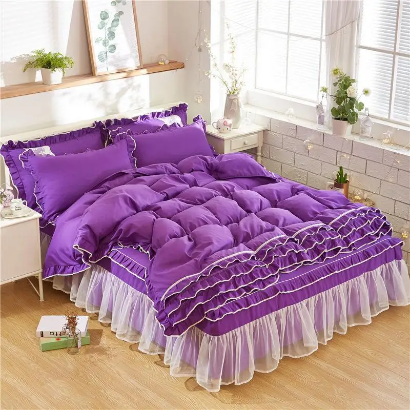 Korean princess pattern lace bedding set 3/4pcs purple wedding bed