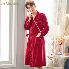 Бархатный зимний халат, качественный мягкий мужской халат кимоно, красное китайское свадебное бархатное кимоно, теплое домашнее банное платье, халат для мужчин
