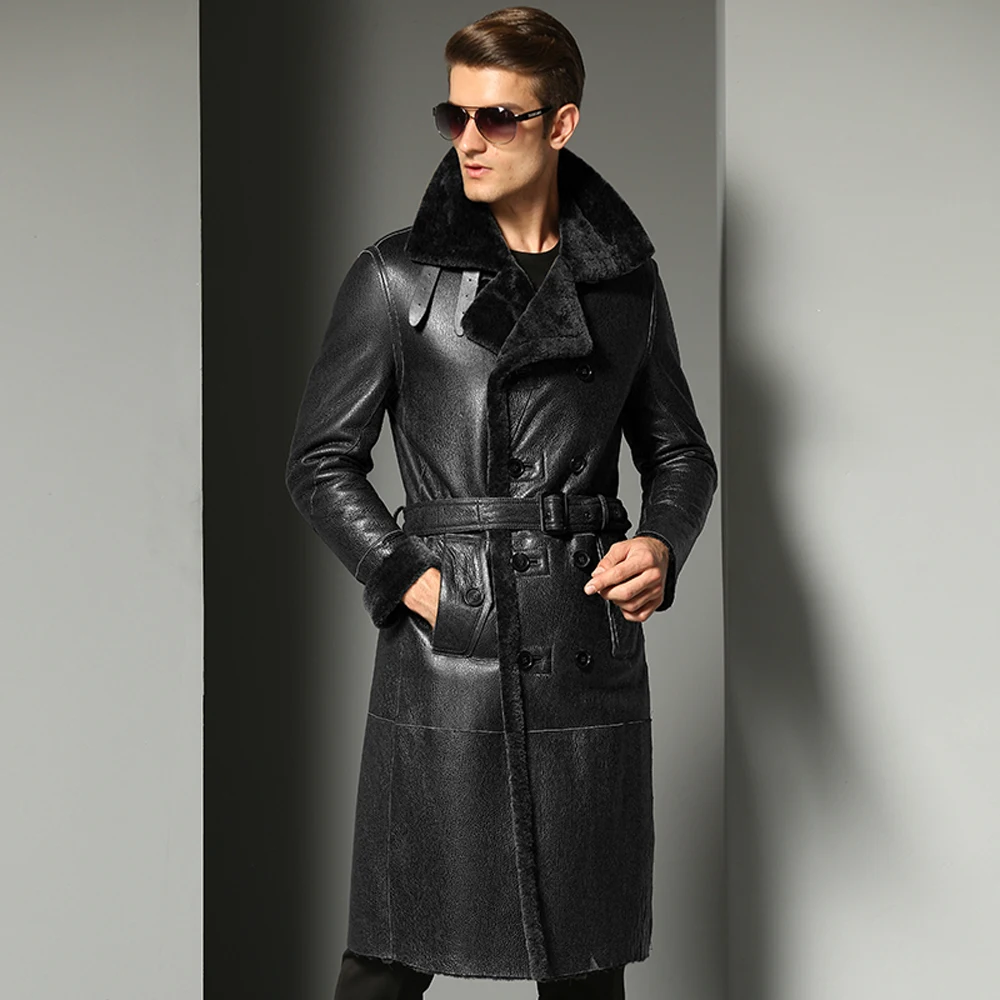 Настоящее пальто из овчины пояса из натуральной кожи мужской формальные повседневное зимние длинные Толстая куртка овчины Дубленки для