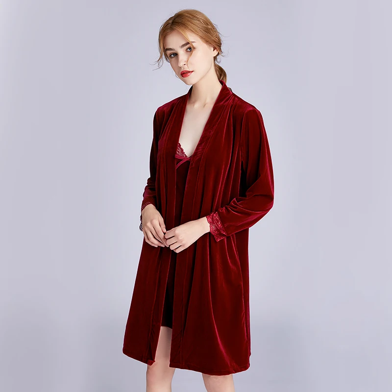 Осенняя Женская кружевная ночная рубашка темно-синего цвета, комплекты из 2 предметов, ночная рубашка, халат, женское атласное кимоно, банное платье, одежда для сна, халаты, костюм - Цвет: Burgundy