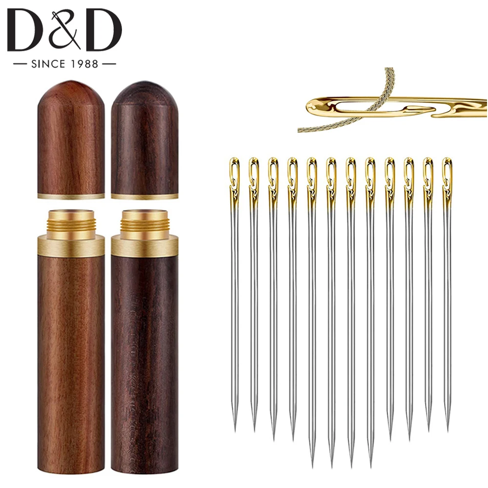 12pcs Self Threading Needles Easy Threading Needles with 1pcs Wooden Needle Case for Storing Handmade Sewing Embroidery