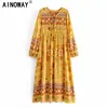 Yellow Floral print beach Bohemian Vintage Chic women flare sleeve v-neck Maxi dress  rayon cotton Boho dress ► Photo 1/6