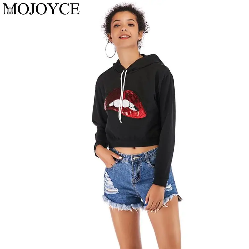 

Women Sequined Spliced Lips Casual Hoodies Hooded Long Sleeve Velour Pullover Tops Girl Short Hoodie Spring Autumn Hoodies