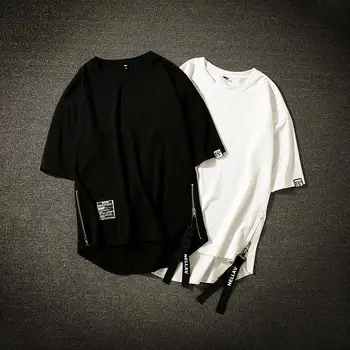 

Streetwear Cotton Men T-shirt Half Length Tee Shirt Homme Hip Hop Ribbons Side-zipper Short Sleeve Men T Shirt