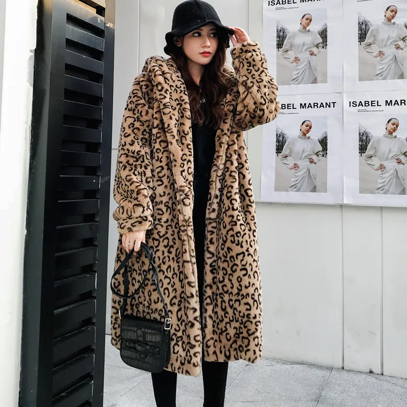 Зимнее Новое меховое пальто для женщин с леопардовым капюшоном, длинное пальто выше колена, имитация меха норки, свободная куртка, Женское пальто для отдыха с леопардовым принтом