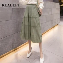 REALEFT осень зима женские бархатные элегантные гофрированные длинные юбки зеленые с высокой талией Harajuku тюлевые трапециевидные юбки до середины икры для женщин