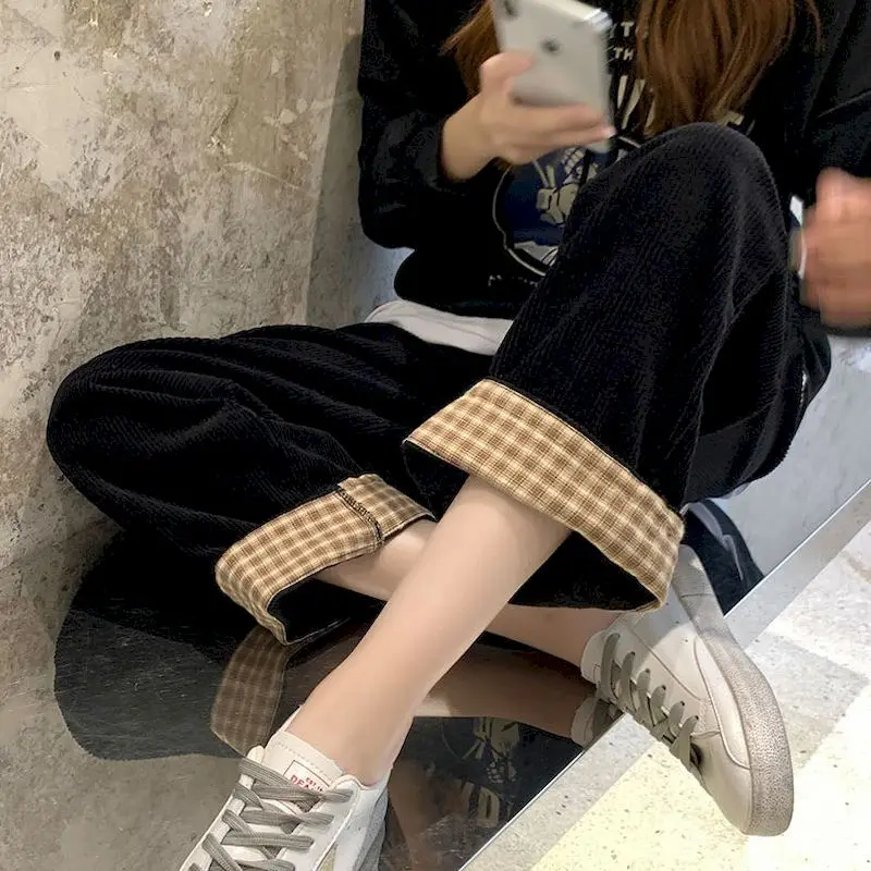 

Women's Corduroy Pants Autumn Winter New Student Korean Style Loose High Waist Wide Leg Pants Plus Velvet Thick Casual Trousers
