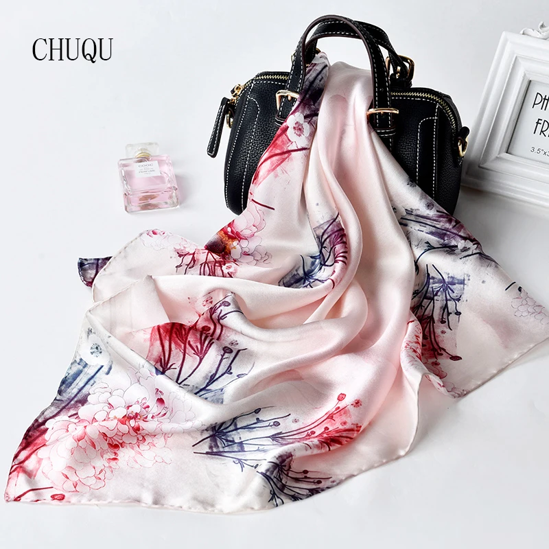 100% Real Silk Small Square Neck Scarf ladies Red Floral Print Pure Silk Neckerchief Luxury Brand H
