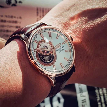Reef Tiger/RT Skeleton Casual Watch for Men Black Dial Automatic Analog Watch Leather Strap Tourbillon Wrist Watches RGA1639 winner automatic original watch men s skeleton skull dial mechanical military wrist watch gold watches for men men s wrist watch