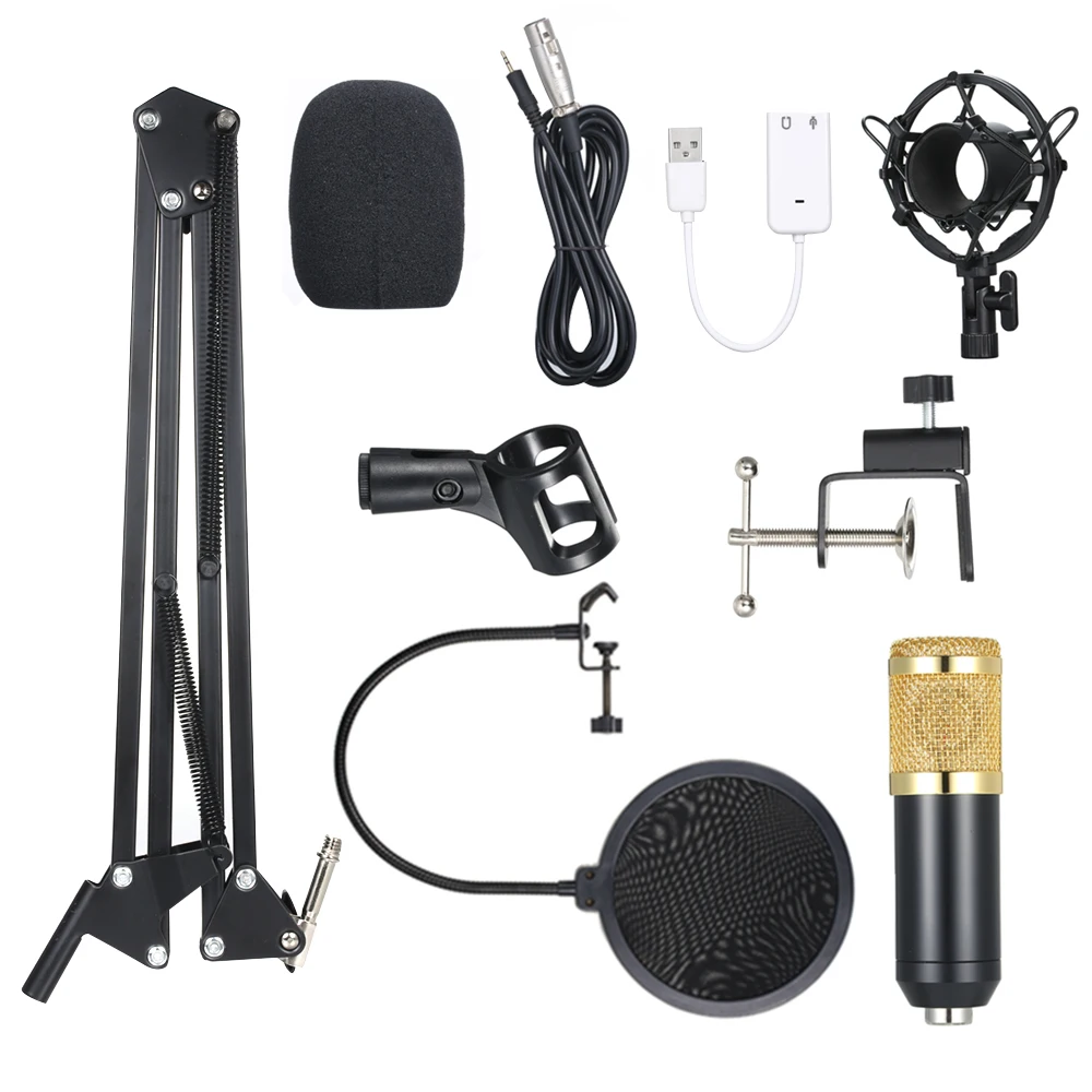 BM800 Condenser Microphone Lit Pro Adjustable Mic Suspension Scissor Arm Pop Filter for Audio Studio Recording Broadcasting mic