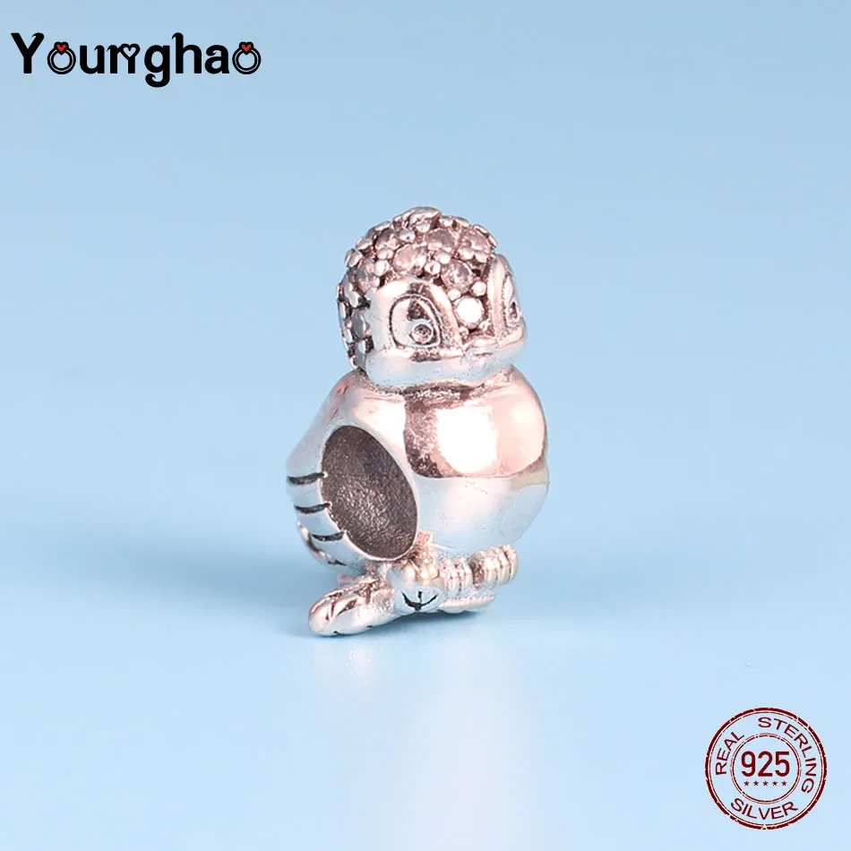 Younghao 100% настоящие 925 пробы серебряные бусины с милой совой для бисероплетения