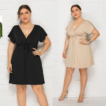 

Plus Size Dress 2020 Women Summer Beach Solid Lace Dresses Sexy Short Sleeve Backless Deep V-Neck Big Sizes Casual Vestidos 4XL