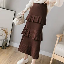 Модная осенне-зимняя длинная трикотажная юбка женская элегантная многослойная юбка с эластичной резинкой на талии с оборками Женская теплая одежда faldas mujer