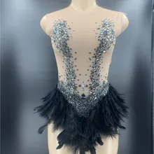 Женский певец танец Мода сексуальный черный Стразы боди с перьями прозрачный костюм наряд праздничная одежда сценический купальник