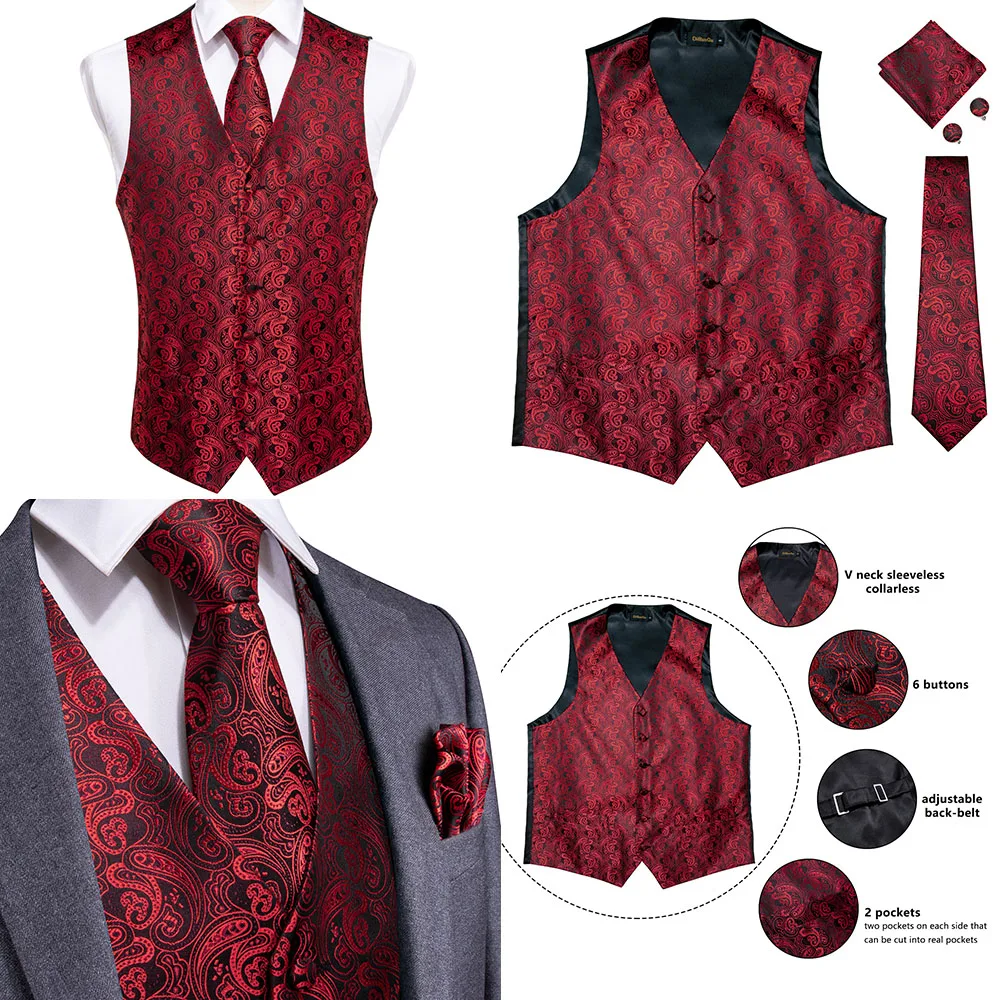 Baratos DiBanGu Rojo Negro Paisley moda boda hombres 100% Chaleco de seda chaleco corbatas mancuernas conjunto de corbata para traje esmoquin MJTZ 106
