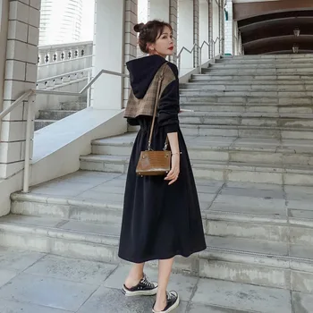 

2020 nian Autumn New Style Splicing Dress Mid-length Skirt Vintage Long Sleeve Hoodie Dress