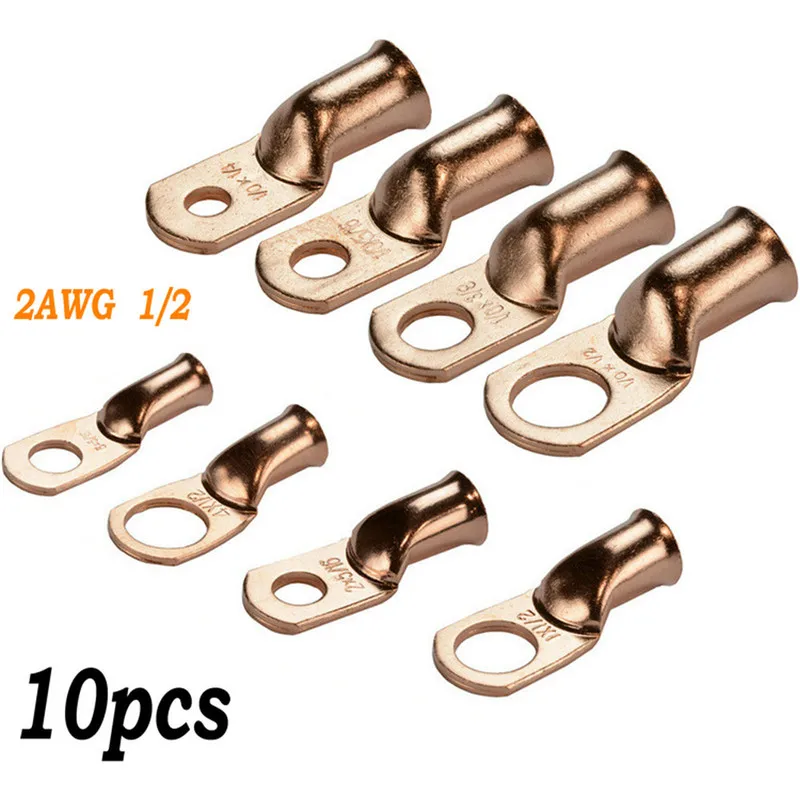 

10pcs Wire Ring Terminal Copper Car Audio Terminals 2 AWG Gauge 1/2 Connectors