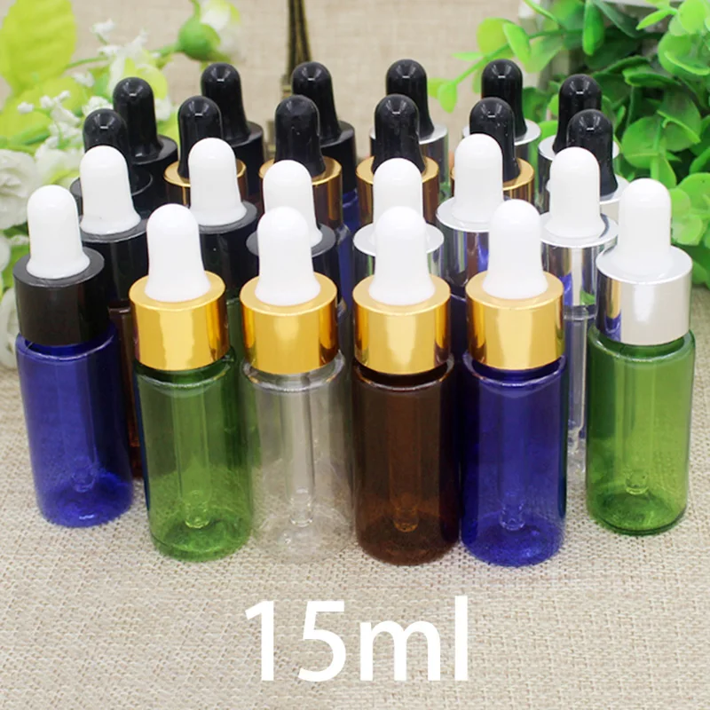 

15ml Plastic Dropper Bottle Green Brown Blue Refillable Essential Oil Small Empty Perfume Drop Lid Container Free Shipping