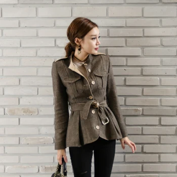 

2019 Autumn And Winter Korean Style New Women's Fashion Woolen Jacket Outwear Slim Belt Long-sleeved Short Thicken Woolen Coat