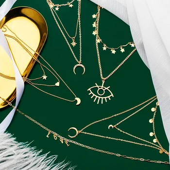 

Bohemian Eye Star Moon Love Initial Necklace for Women Vintage Gold Pendant Necklace Fashion Layered Necklace 2020 Jewelry Gift