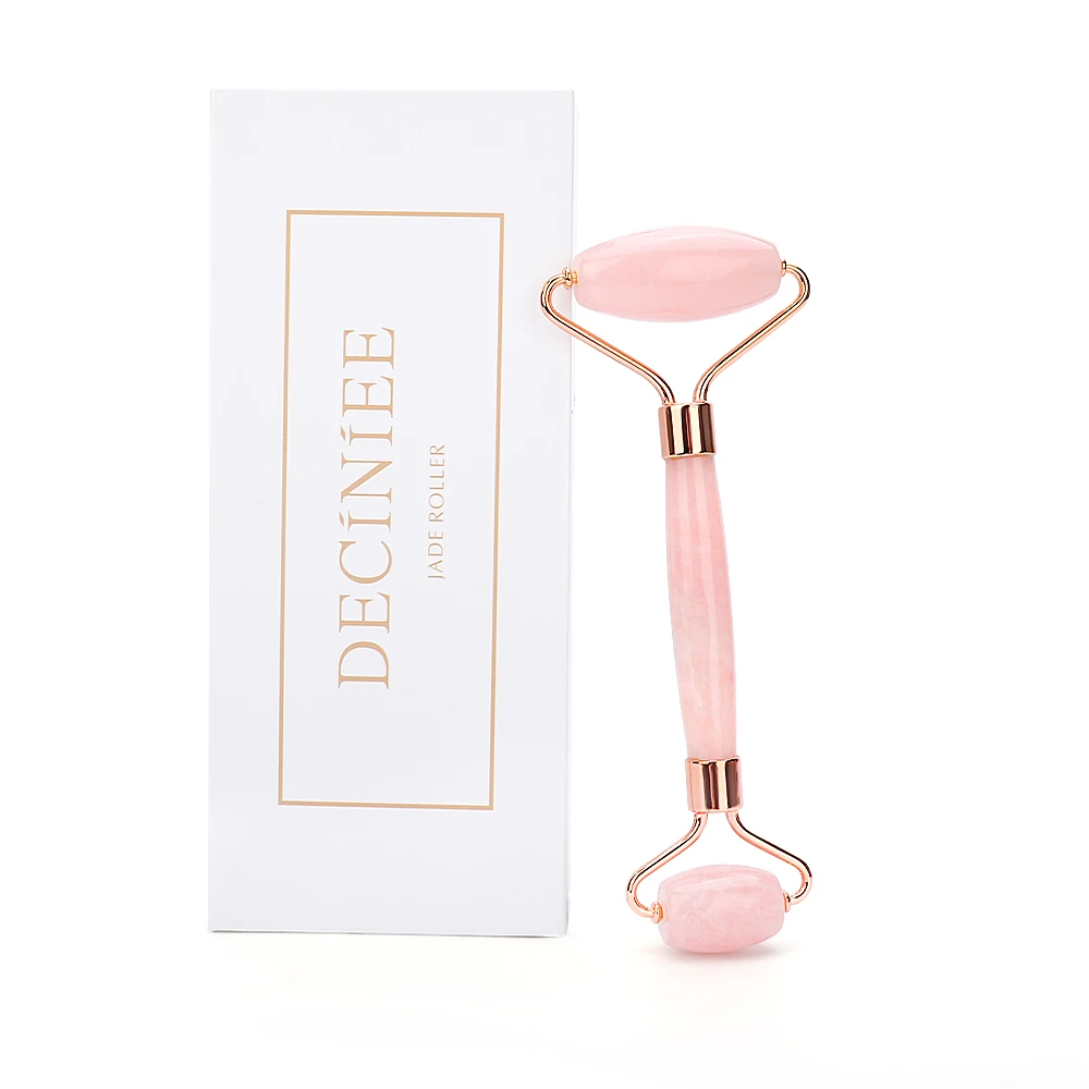Pink with box Массажный ролик для лица с двумя головками, Нефритовый камень, Нефритовый ролик для подтяжки лица, расслабления кожи тела, похудения, красота, уход за кожей - Цвет: Pink with box