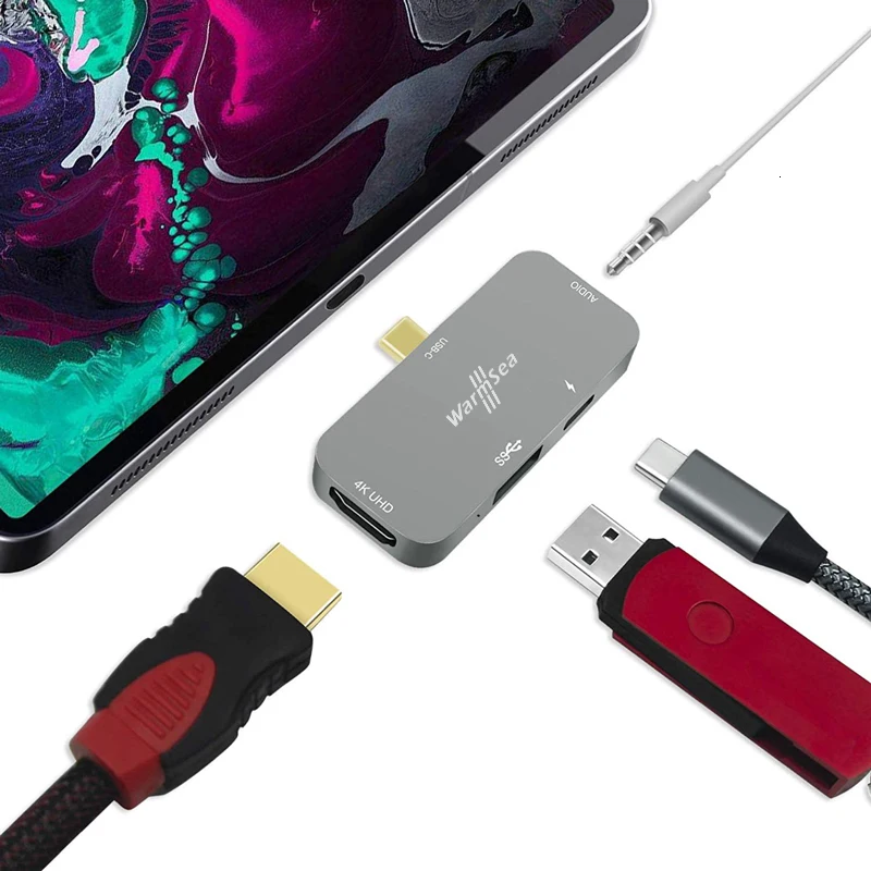 USB C концентратор для iPad Pro type C аудио адаптер мобильный Pro концентратор с PD Зарядка 4K HDMI USB 3,0 3,5 мм для MacBook samsung S10/9