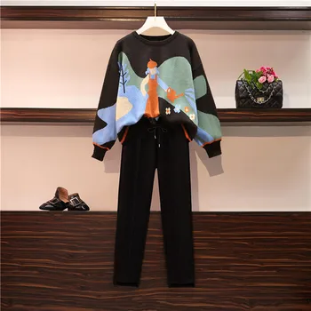 

Plus Size Women Two Piece Pant Set New 2019 Autumn Winter Cartoon Print Knitted Thick Girl Sweater + Woolen Pencil Trousers Suit