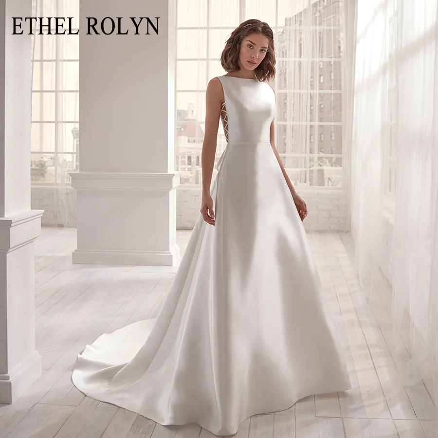

ETHEL ROLYN Satin Bow Vintage Wedding Dress 2020 Sexy Backless Boat Neck White/Lvory Simple Wedding Gowns Vestido De Noiva