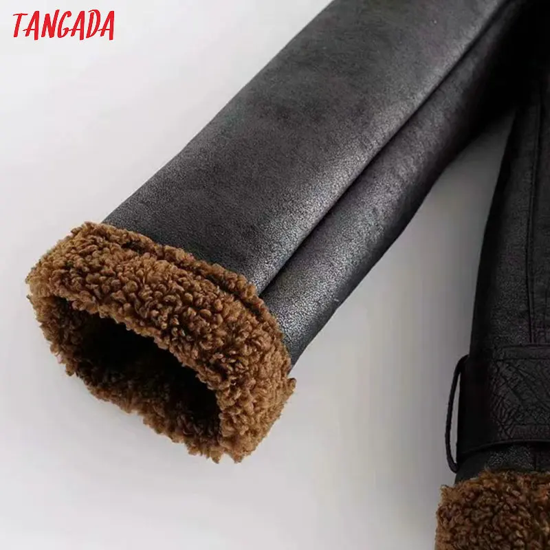 Ceny Tangada damskie zimowe futro faux skórzana kurtka płaszcz z paskiem retro skręcić w dół kołnierz panie 2019 gruby ciepły szeroki płaszcz JA08