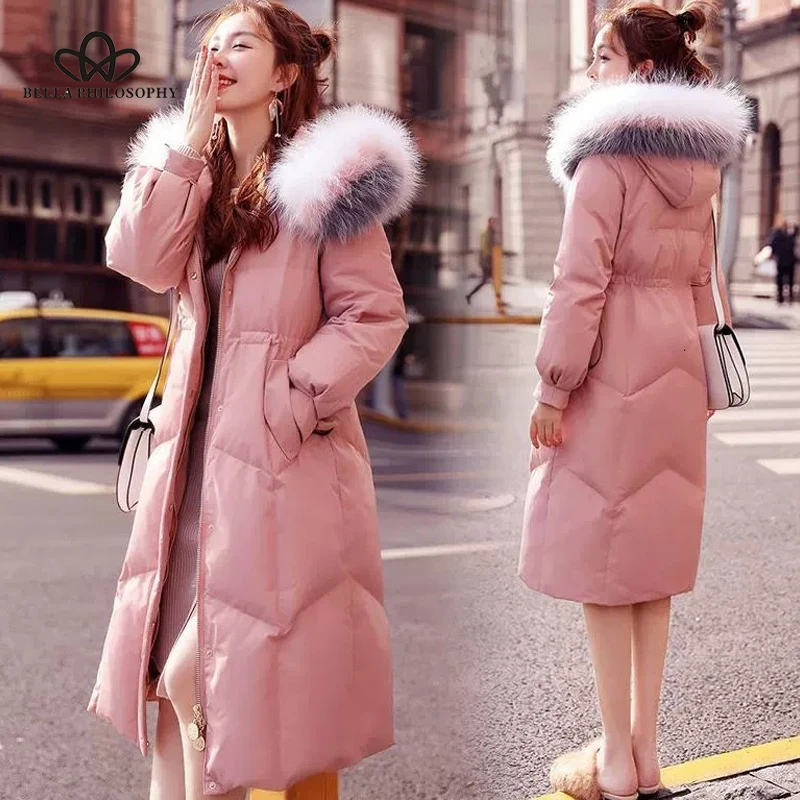 Bella philosophy зимнее однотонное женское длинное пуховое пальто Дамская элегантная парка с капюшоном размера плюс женская Повседневная теплая верхняя одежда пуховики