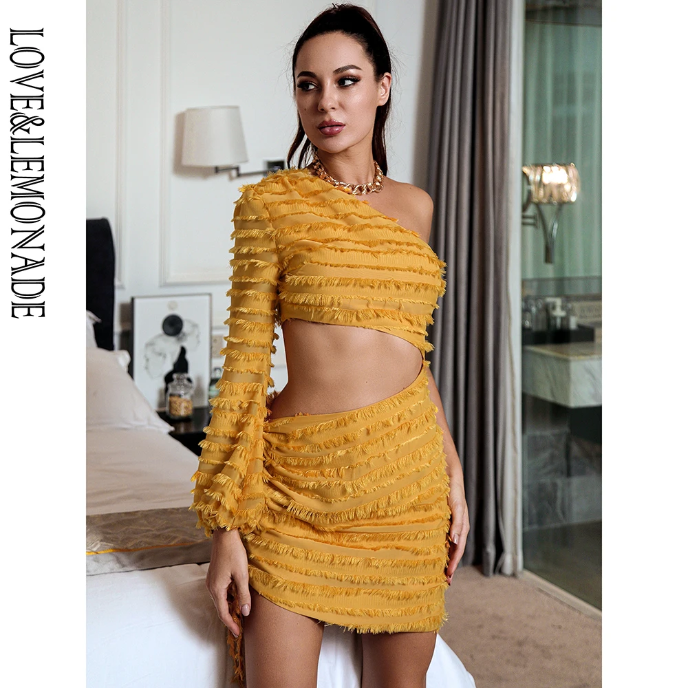 LOVE&ampLEMONADE Sexy Yellow Three-Dimensional Stripes Chiffon Bubble Long Sleeve Cut Out Lace-Up Slim Dress LM82756 | Женская одежда