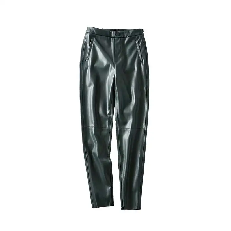 Vadim женские стильные брюки из искусственной кожи с боковыми карманами на молнии, украшенные женскими стильными одноцветными брюками, длинные брюки mujer KB219 - Цвет: green