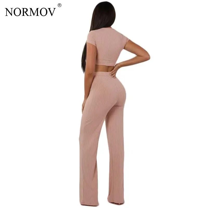 NORMOV комплект из двух предметов, Женский ребристый топ с круглым вырезом и длинные штаны, сексуальный осенний спортивный костюм с коротким рукавом для женщин